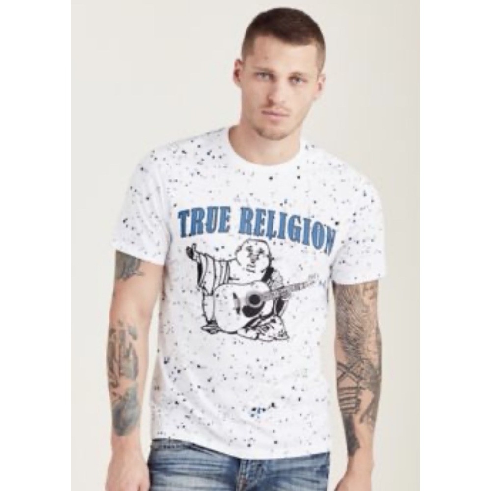 True Religion Shirt Mens Size M White Buddha Logo Paint Splatter Casual NWT